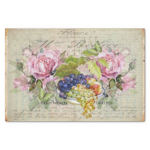 Vintage Style Roses Fruit Bowl and Old Script Tissue Paper