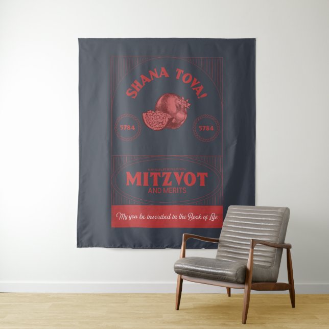 Vintage Style Rosh Hashana Shana Tova Pomegranate Tapestry (In Situ)