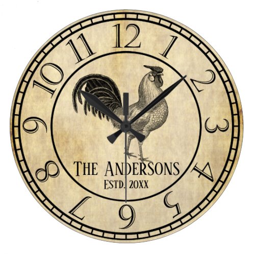 Vintage Style Rustic Rooster Family Name Large Clock