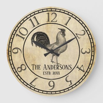 Vintage Style Rustic Rooster Family Name Large Clock by elizme1 at Zazzle