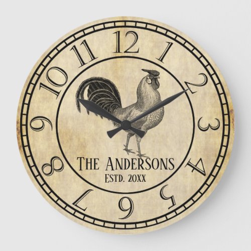 Vintage Style Rustic Rooster Family Name Large Clock