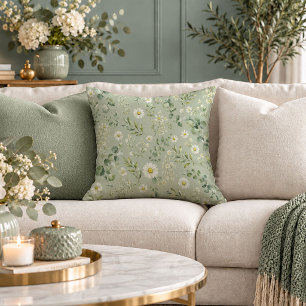 Vintage Style Sage Daisies Throw Pillow Decor