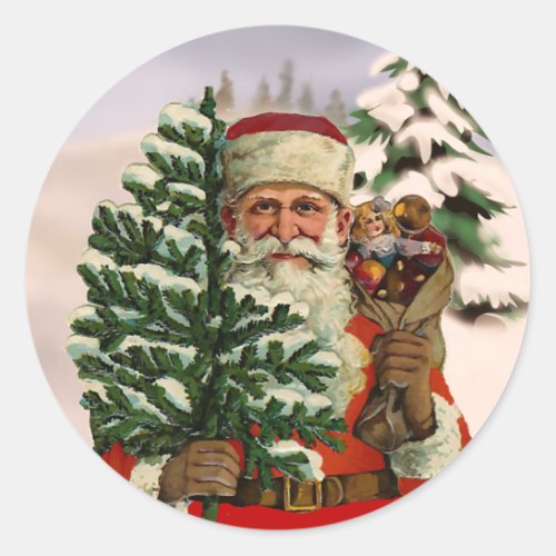 Vintage style Santa Claus on winter background Classic Round Sticker