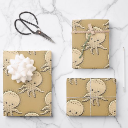 Vintage Style Sepia Baby Octopus Pattern Wrapping Paper Sheets