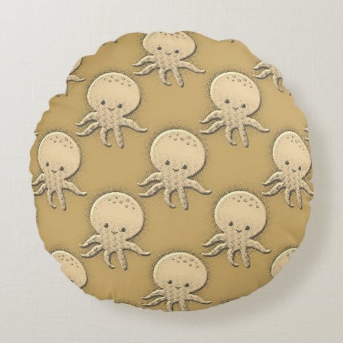 Vintage Style Sepia Baby Octopus Round Pillow