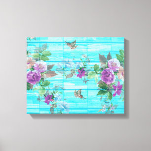 Vintage Style Shabby Chic Florals On Blue Canvas Print