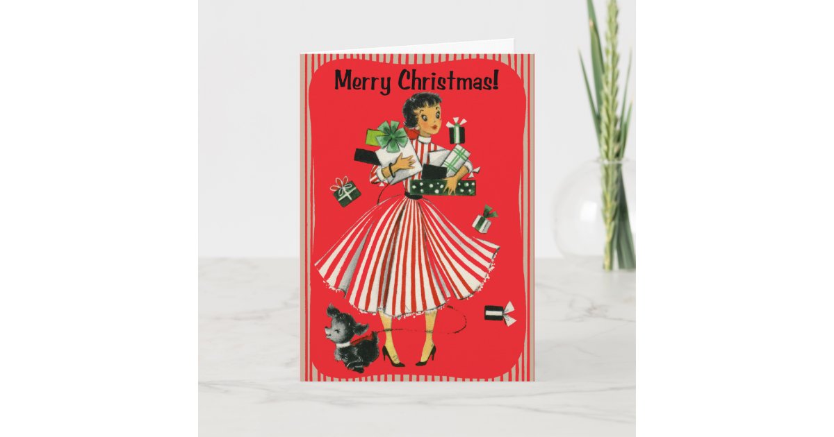 VintageStyle Shopping Lady Christmas Card Zazzle