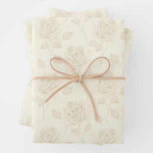 Vintage style single stems roses in ivory shades wrapping paper sheets