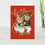 Vintage-style Skating Snowmen Christmas Card at Zazzle