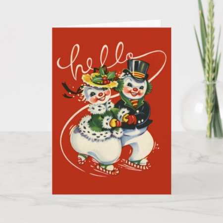 Vintage-style Skating Snowmen Christmas Card