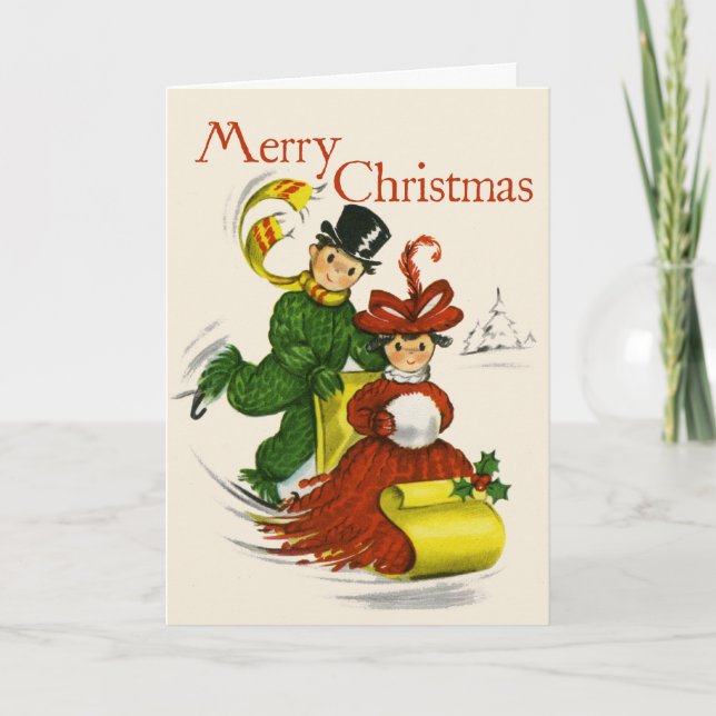 Vintage-Style Sledding Couple Christmas Card (Front)