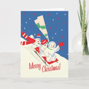 Vintage-style Sledding Snowmen Christmas Card by FestivusMeister at Zazzle