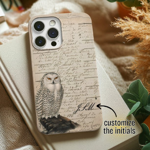 Vintage Style Snowy Owl Paper Script Monogrammed iPhone 13 Case