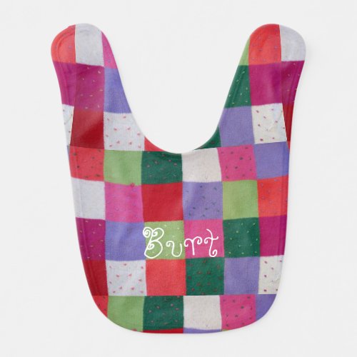 vintage style squares of knitted patchwork baby bib