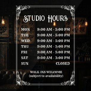 Vintage Style Store Hours Sign. Ornate White Frame Window Cling