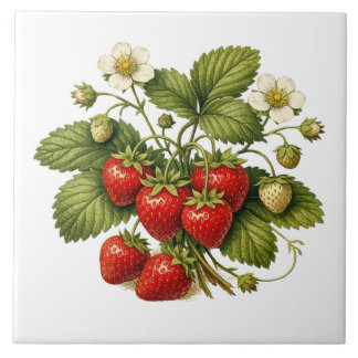 Vintage Style Strawberry Plant with Ripe Berries  Ceramic Tile