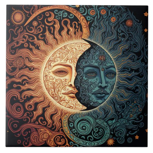 Vintage Style Sun and Moon Ceramic Tile