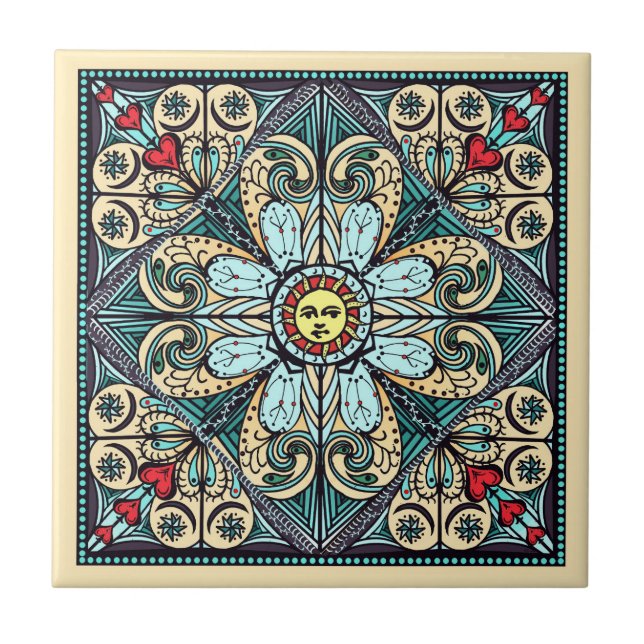 Vintage Style Sun Mandala Ceramic Art Tile (Front)
