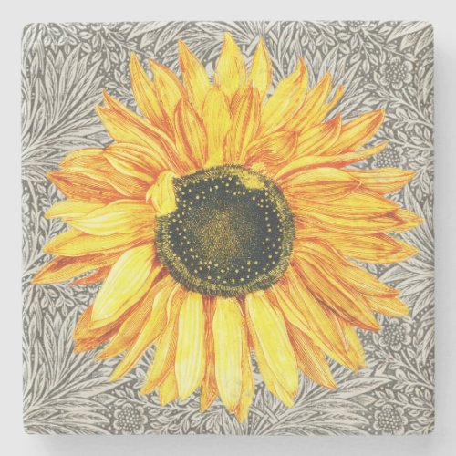 Vintage Style Sunflower Art Coaster Yellow Gray