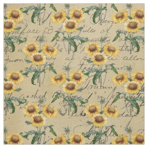 Vintage Style Sunflower Bunches and Cursive Fabric