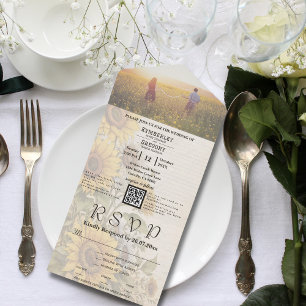 Vintage Style Sunflower Floral Cream QR Code Photo All In One Invitation