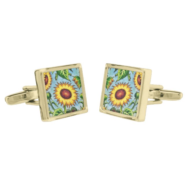 Vintage Style Sunflower Gold Cufflinks (Angled)
