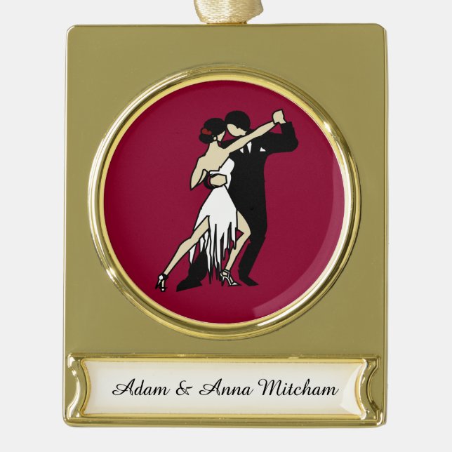 Vintage-style Tango Dancers Gold Plated Banner Ornament (Front)