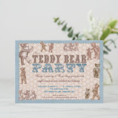 Vintage Style Teddy Bear Party Invitation - Blue (Standing Front)