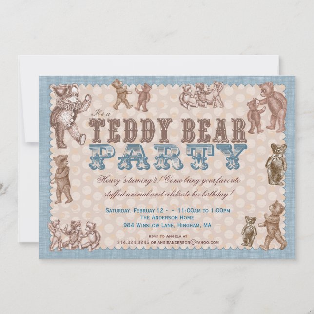 Vintage Style Teddy Bear Party Invitation - Blue (Front)