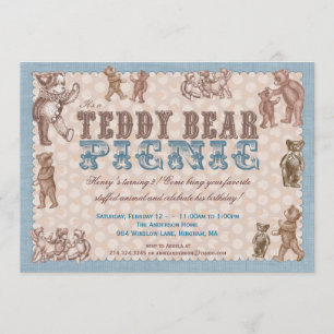 Vintage Style Teddy Bear Picnic Invitation - Blue