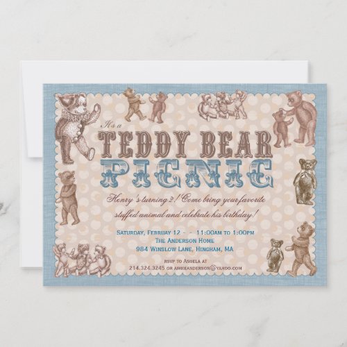Vintage Style Teddy Bear Picnic Invitation - Blue