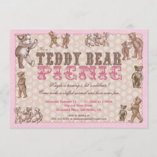 Vintage Style Teddy Bear Picnic Invitation - Pink