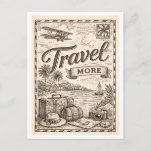 Vintage-Style "Travel More" Postcard