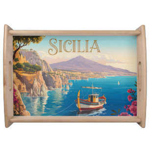 Vintage Style Travel Poster for Sicilia Italy Serving Tray