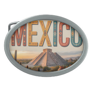 Vintage Style Travel Poster of Mexico with Pyramid Belt Buckle