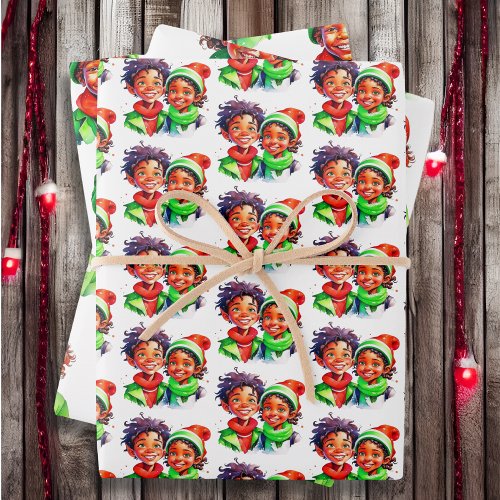 Vintage Style Watercolor Children Christmas Wrapping Paper Sheets