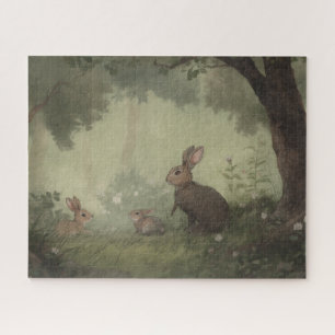 Vintage Style Watercolor Rabbit Family In Forest Jigsaw Puzzle
