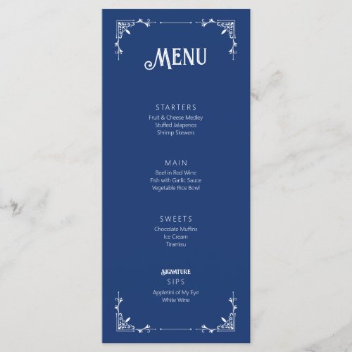 Vintage Style Wedding Event Menu Flat Card Blue