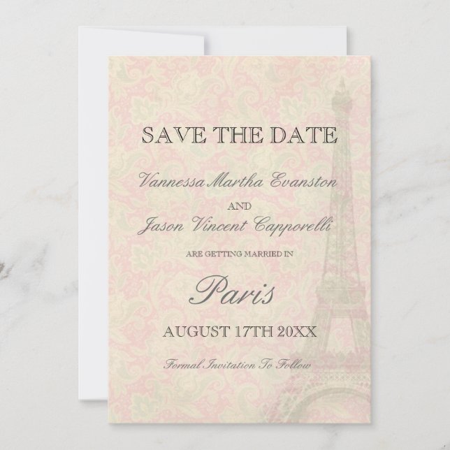 Vintage Style Wedding In Paris Save The Date (Front)