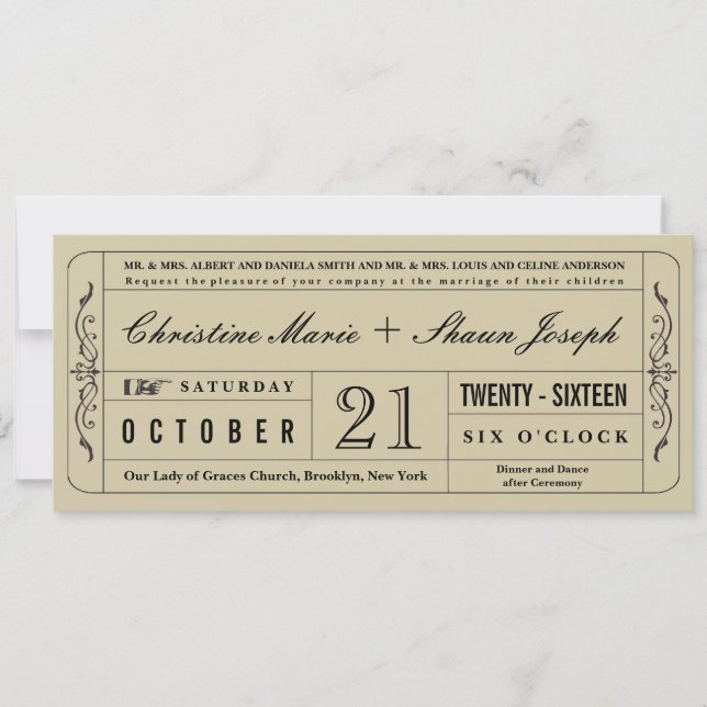 Vintage Style Wedding Ticket Invitation (Front)