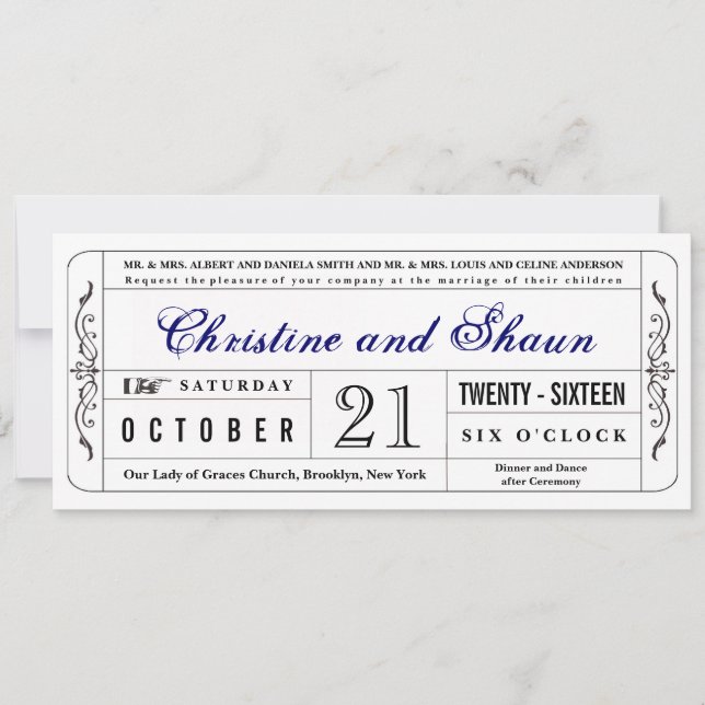 Vintage Style Wedding Ticket Invitation in Blue (Front)