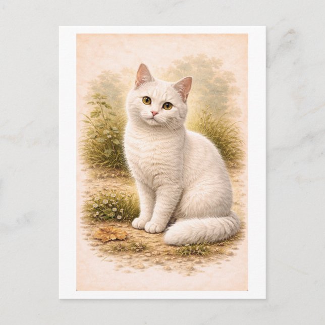 Vintage-Style White Cat Illustration Postcard (Front)