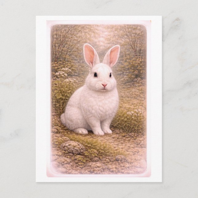 Vintage-Style White Rabbit Illustration Postcard (Front)