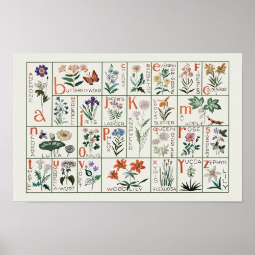 Vintage Style Wildflower Alphabet Floral Nursey Poster