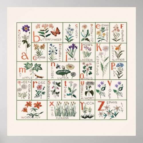 Vintage Style Wildflower Embroidery Alphabet  Poster
