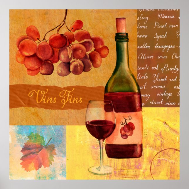 Vintage style wine collage with a watercolour draw poster (Front)