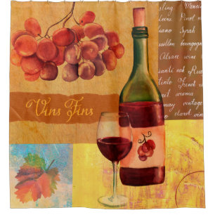 Vintage style wine collage with a watercolour draw shower curtain