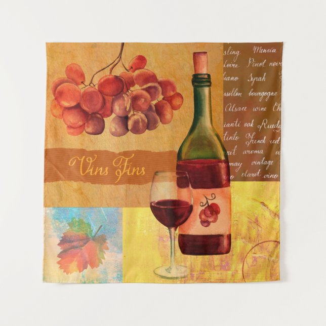 Vintage style wine collage with a watercolour draw tapestry (Front)