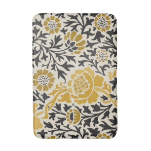 Vintage-style yellow and black floral  pattern bath mat