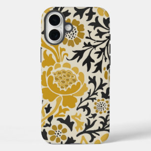 Vintage-style yellow and black floral pattern iPhone 16 plus case